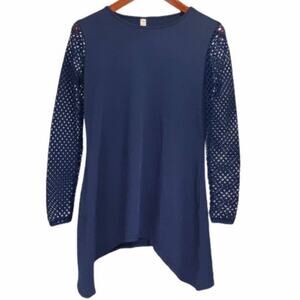 BOYU Fashion SharkBite Tunic Shirt Mesh Sleeves Stretchy Navy Blue Size Large